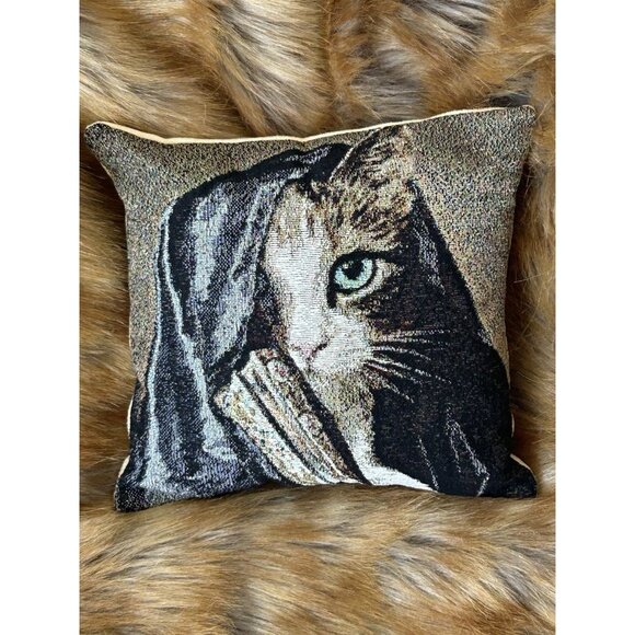 Cat Tapestry Small Accent Pillow Cat Kitten Under Blanket Suede Back 9” Square - Picture 1 of 5
